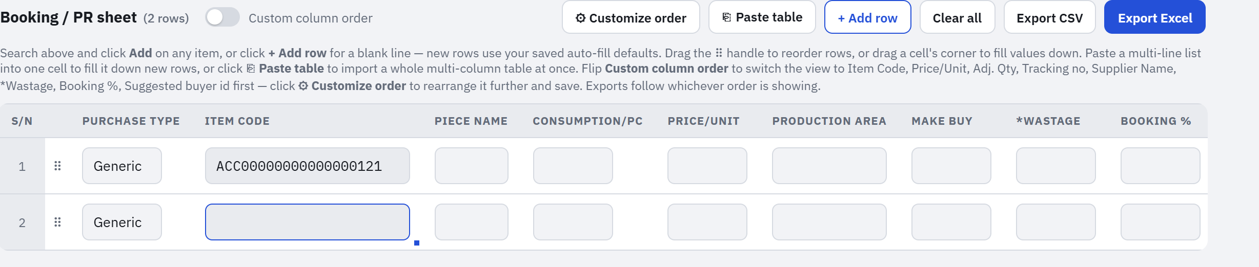 Clicking + Add row to insert a blank row