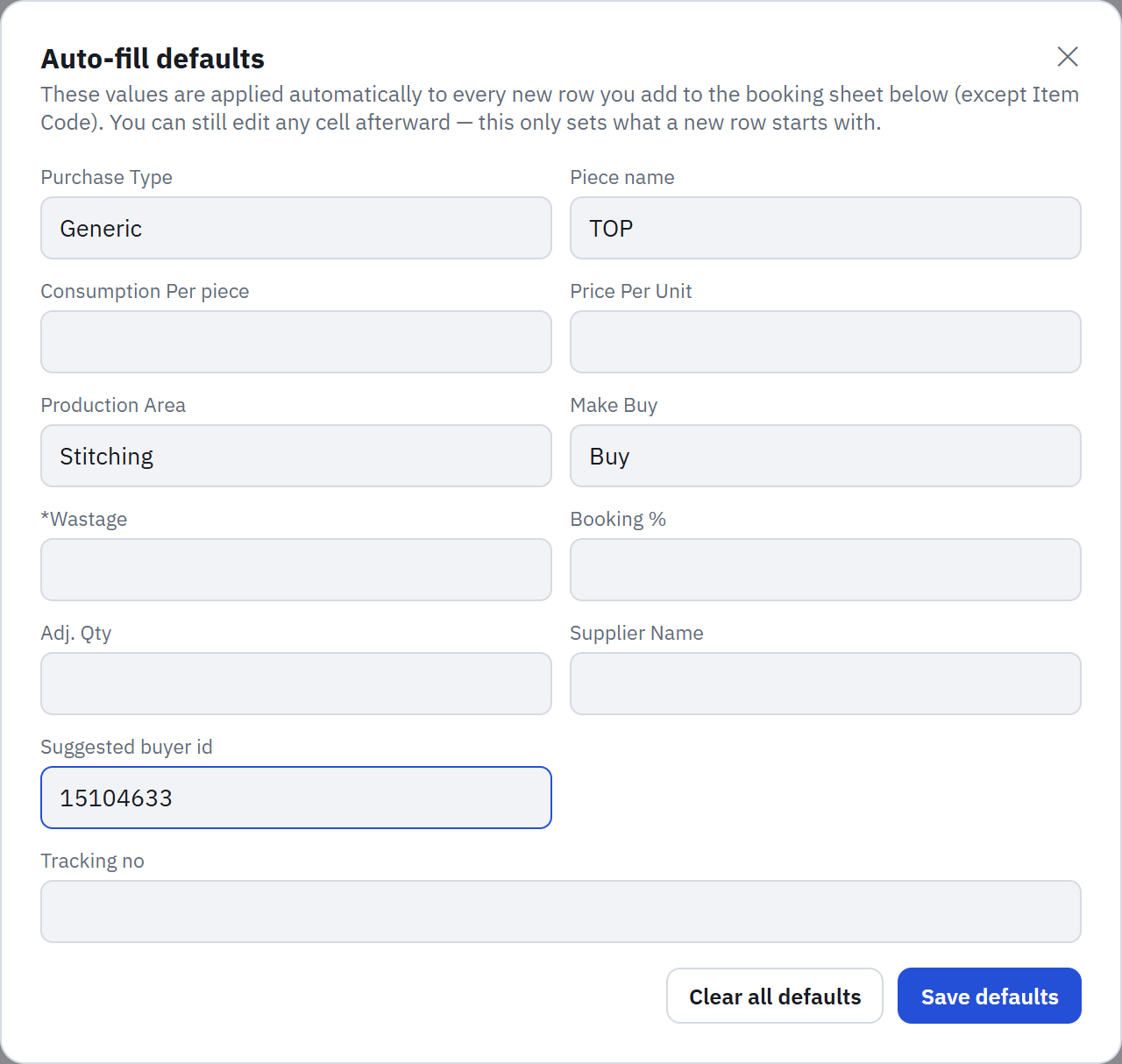 The Auto-fill defaults dialog with some fields filled in