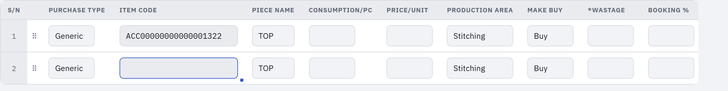 Two rows where Purchase Type, Piece name, Production Area and Make Buy filled in automatically