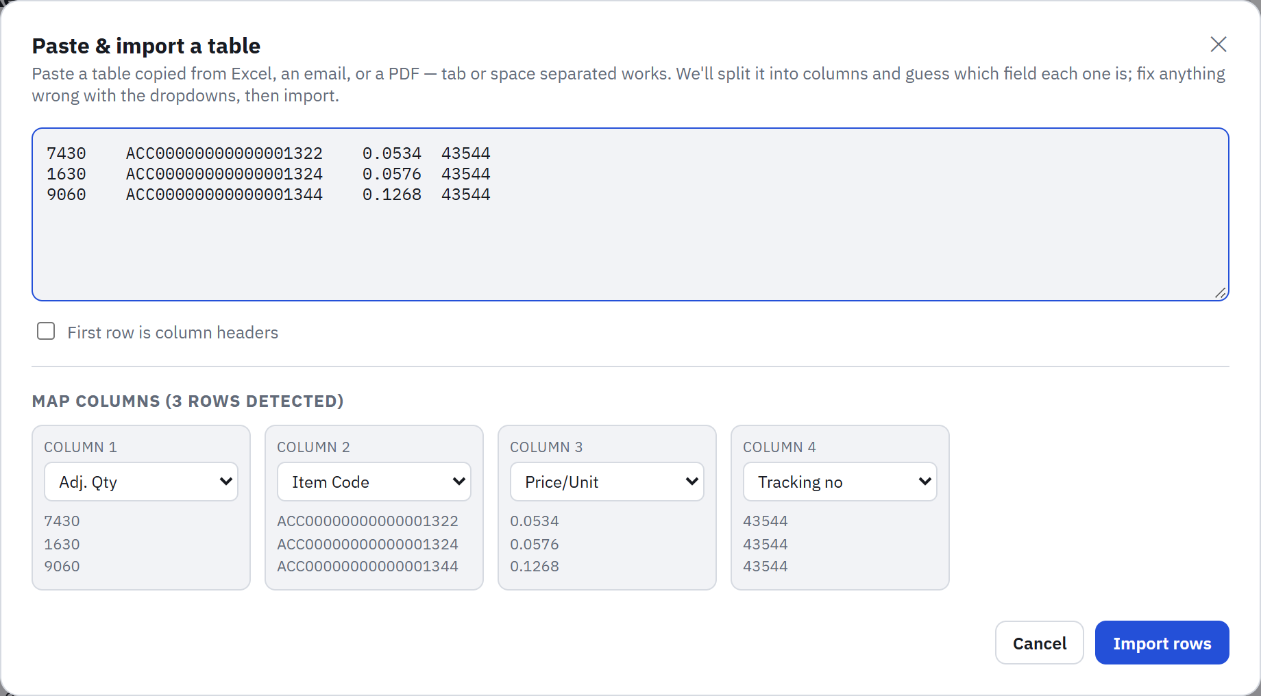 The Paste table import screen with column mapping dropdowns