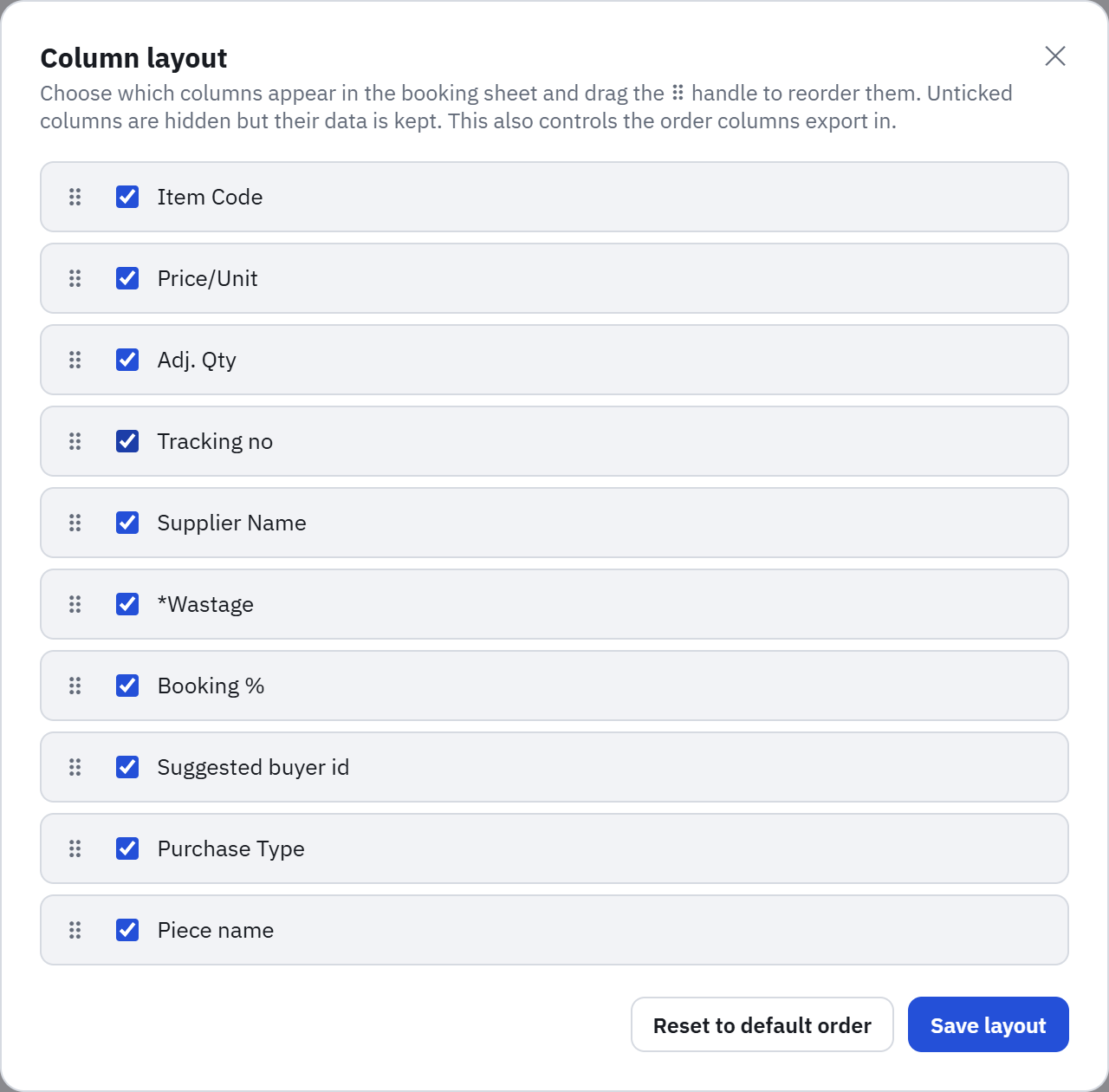 The Customize order screen with draggable column checkboxes