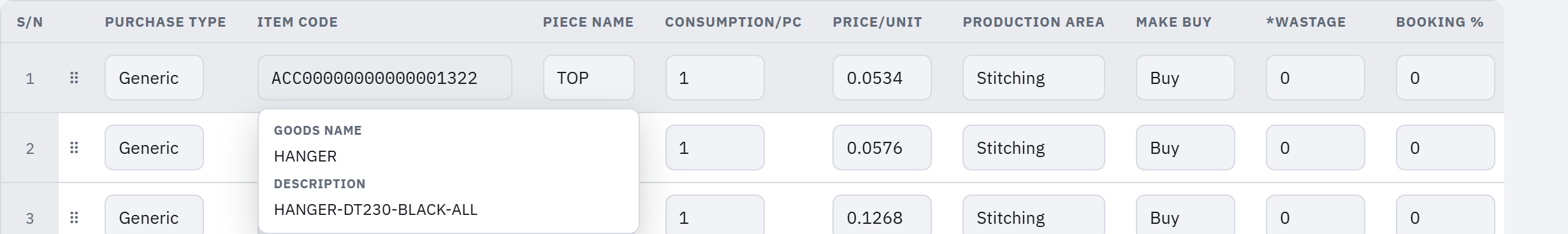 Hovering an Item Code cell and a popup showing its Goods Name and Description