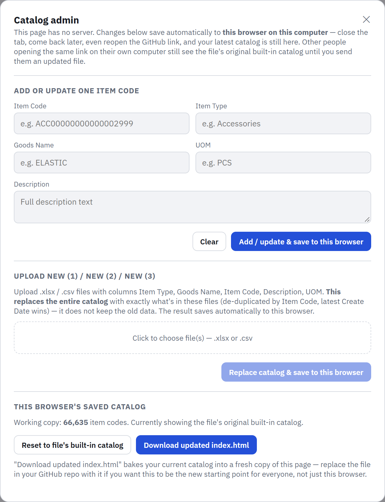 The admin panel for adding or uploading item codes